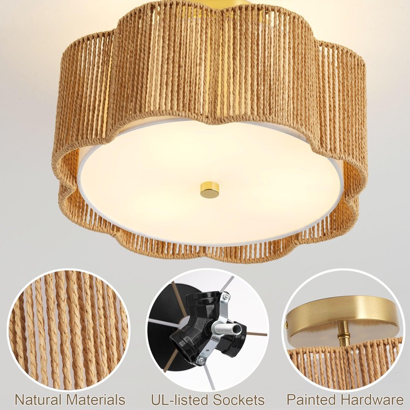 Giutna Rattan Ceiling Light Fixtures Flush Mount,3-Light Boho Light Fixtures