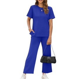 XIEERDUO Summer Sweatsuit for Women Two Piece Summer Outfits 2 Pc Lounge Set Spring Short Sleeve Tracksuit Wide Leg Loungewear Vacation Clothes Women's Track Suit Blue XL