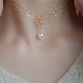 HUGE TOMATO AAA Freshwater Pearl Pendant Pearl Strand Necklace Dainty Pearl Net Necklace in 18K Gold Plated for Women Mesh Pendant Necklace