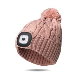Night Scope Unisex Rechargeable LED Headlamp Nova Pom Beanie for Reliable Hands-Free Lighting - Pink