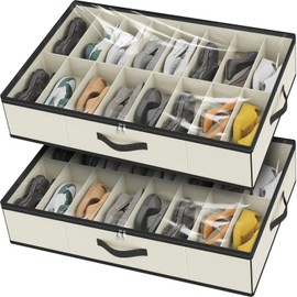 homyfort 32 Pairs Shoe Organizer Under Bed, Sturdy Underbed Shoe Storage Boxes Bins, Organizador De Zapatos, Extra Large Zapateras Organizer, Beige, Set of 2