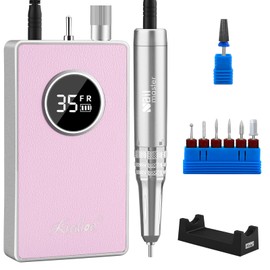 Kredioo Nail Drill Professional Super Quiet with Coreless Motor 35000RPM Electric File 6+1 Tungsten Bits Kit Portable Strong Drill para uñas Profesional Remove Acrylic Nails Dip Powder-Pink