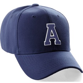 Daxton Classic Baseball Hat Custom A to Z Initial Team White Navy Letter, Navy Cap Letter A