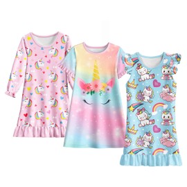 LQSZ Girls Nightgowns 3-Pack Toddler Nightdress Rainbow Unicorn Dress Sleepwear Pajamas for Girls Size 6 7