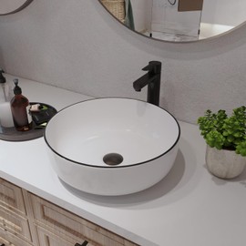 DeerValley 16'' Round Vessel Sink, Bathroom Sinks Above Counter White Ceramic Bathroom Vessel Sinks, Porcelain Sink Bowl for Bathroom, White Body with Black Trim Vanity Sink Basin DV-1V0030