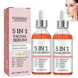 2PC Suero facial antienvejecimiento 5 en 1, Suero facial 5 en 1，suero facial con vitamina C, ácido hialurónico y niacinamida, reafirma la piel, reduce las arrugas y unifica el tono de la piel