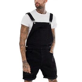 LONGBIDA Men's Denim Overalls Shorts Jean Bib Jumpsuit Casual Walkshort Summer Romper with Pockets(Black 201, 34)