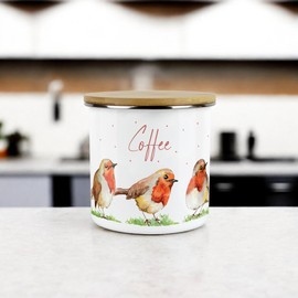 Purely Home Robins Coffee Storage Canister - Birds Nature Animals Metal Enamel Medium Sized Food Storage Container