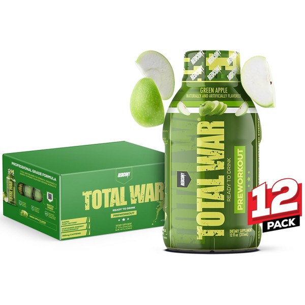 REDCON1 Total War Ready to Drink Preworkout, Green Apple - 350mg of Fast Acting RTD Caffeine - Beta Alanine + Citrulline Malate for Increased Pump - Keto Friendly Workout Drink (12 Servings)