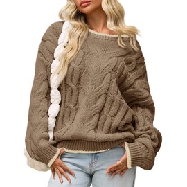 Saodimallsu Womens Oversized Sweater Casual Cable Knit Color Block Crewneck Pullover 2025 Fall Winter Chunky Trendy Sweaters Khaki