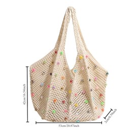 ZHUXILUDAO Women's Crochet Tote Bag Colored beaded Women's Hippie knit bag Holiday Tote bag Big Beach Tote bag (off-whites)