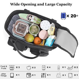 Hafmall Large Insulated Lunch Bag for Women Men, Leakproof Lunch Box for Adults, Wide Opening Lunch Tote Bag with Shoulder Strap, Reusable Lunch Cooler Bag for Work, Picnic, Black