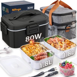 Nifogo Electric Lunch Box for Adults with Dual 1.8L SS Containers 80W Portable Heated Lunch Box for Men 3 in 1 Portable Food Warmer 110V/12V/24V with Bag(1.8DS-Black)