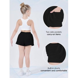 SPFASZEIV Running Shorts with Pockets Girls 2 in 1 Flowy Shorts Kids Summer Athletic Shorts for Tennis 7-8 Years Black