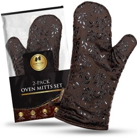 Premium Heat-Resistant Oven Mitts - Stylish and Beautiful - Non-Slip Platinum Silicone Grip - Long and Thick - 100% Natural Cotton Exterior and Soft Terry Cloth Lining - Cook'n'Chic Set of 2 - Brown