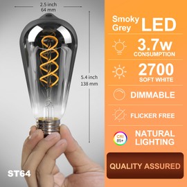 Decoaui E26 ST64 Vintage Edison Light Bulbs, Smoky Grey Coated Glass, Dimmable, 4W(20W Equivalent) 150 Lumens, 2700K Soft White, Spiral Filaments Design, Antique Style, 25000 Hrs, 3-Pack