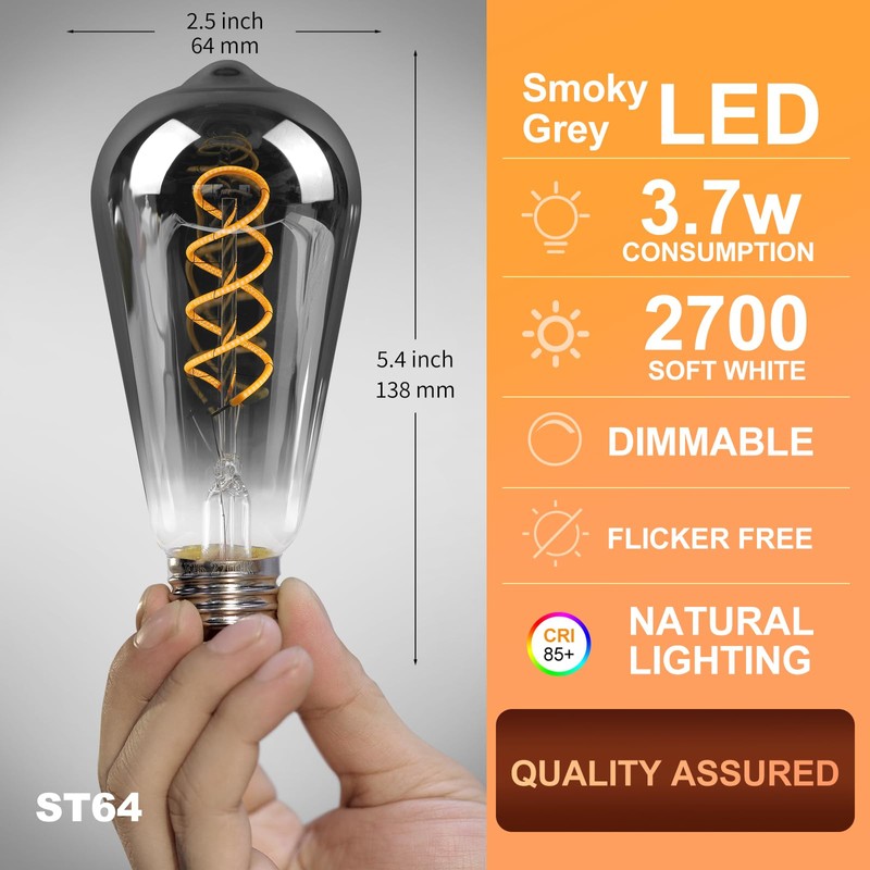 Decoaui E26 ST64 Vintage Edison Light Bulbs, Smoky Grey Coated