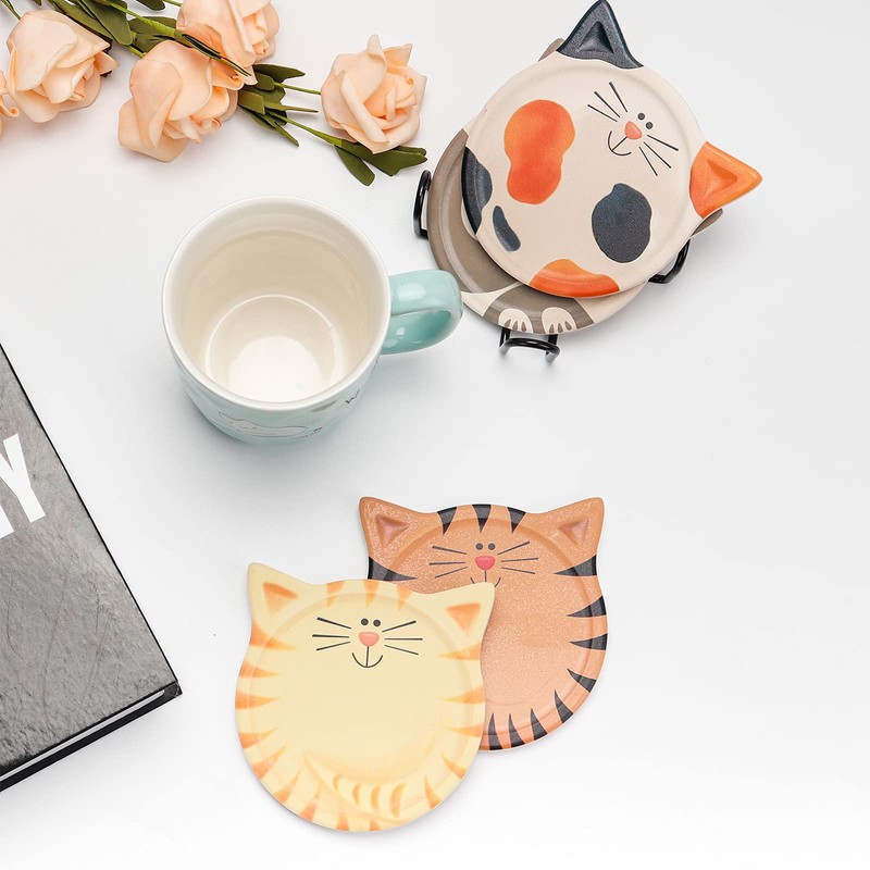 Drink Coasters with Holder, Absorbent Coaster Sets of 4, Cat