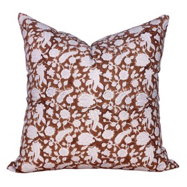 THE Unltd India Floral Decorative Cushion Covers, 55x55 CM Duck Canvas Block Printed Square Cushion case for Sofa and bed, Vintage Spring Pillow for Farmhouse Decor (Dark Brown)