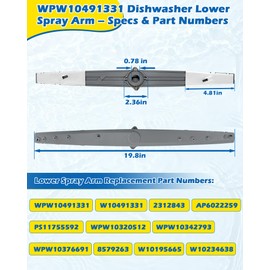 WPW10491331 Dishwasher Lower Spray Arm Fits Whirlpool Maytag Amana Admiral