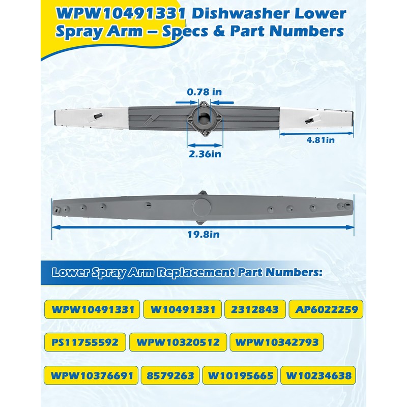 WPW10491331 Dishwasher Lower Spray Arm Fits Whirlpool Maytag Amana Admiral
