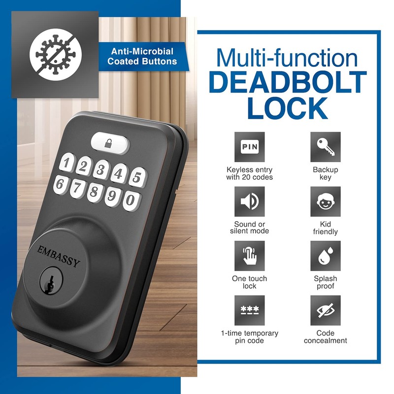 Embassy Door Lock Electronic Keyless Entry with Antimicrobial Illuminated Keypad