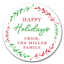 Custom Happy Holidays Stickers with Wreath, Christmas Gift Stickers for Boxes, Envelope Seals or Gift Wrapping, Port of Reverie Paper Co