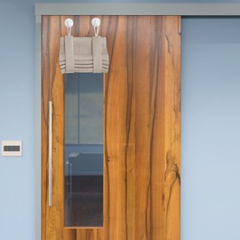 NICETOWN Small French Door Curtains with Self Adhesive Hooks, Thermal Insulated Faux Linen Blackout Door Curtains for Glass Multimedia Classroom Office (8W x 36L, 1 Panel, Angora)