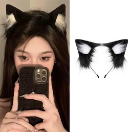 Solxion Cat Ears, Animal Cat Ears, Fluffy Ears, Hair Band Costume Accessory, Cat Costume, Hair Accessories, Event Supplies, School Festivals (Black & White)