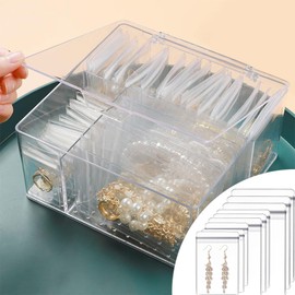 Fnuiddt Acrylic Jewelry Box Organizer, Clear Jewelry Organizer Holder with 60 PVC Jewelry bags, Transparent Display Storage Jewelry Case for Earrings/Rings/Necklaces/Bracelet Gift for Women Girls