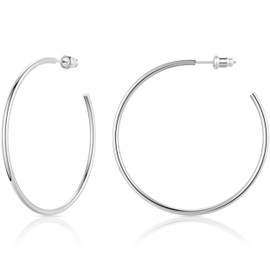 Claro Clivo 1 Pair White Gold Colored Lightweight Chunky Open Hoop Earrings For Women (50MM Hoop, 2MM Thickness, Stainless Steel Pin)