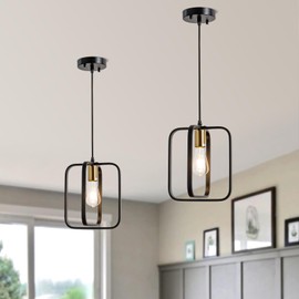 KSRYSZCQ 2 PCS Modern Pendant Lighting for Kitchen Island 1-Light Farmhouse Black and Gold Light Fixtures Hanging Small Square Chandeliers Ceiling for Dining Room Entryway Hallway