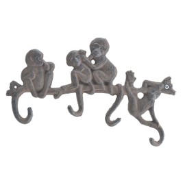 Cast Iron Wall Hook Rack Monkeys On Branch 4 Hooks 10.25" Wide Jungle Safari Decor