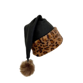 Leopard Trimmed Black Santa Hat, Novelty Adult Santa Hat, Christmas Party Hat