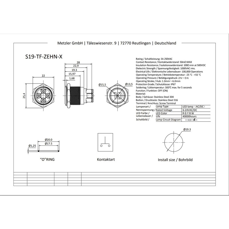 Metzler - Push Button 19mm - LED Symbol Number 10