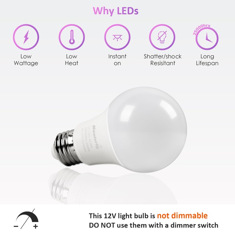 Maelsrlg 12V LED Bulb 6W(50W Equivalent), Daylight 5000K, 12V-24V AC/DC,