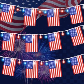 RECESKY 4th of July Decoration Lights - Patriotic Battery String Lights with 12 American Flags 35 Red White Blue LED for Independence Memorial Day Decor - 8 Modes Waterproof Bulit-in Timer Function