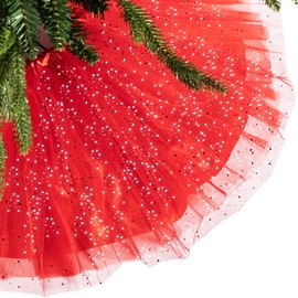 Christmas Tree Skirt Ruffle Glitter Shiny Xmas Tree Tulle Skirt Sequin Double Layers Xmas Trees Round Mat for Christmas Valentine's Day Party Decoration Indoor Outdoor (Red, 48 Inch)