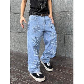 DFGIGT Mens Womens Baggy Jeans Patched Letter Badge Wide Leg Denim Pants Y2k Hip Hop Casual Loose Trousers Stylish Word Streetwear 2000s Relaxed Fit Straight Leg Skater Skateboard,A10 Blue,X-Small