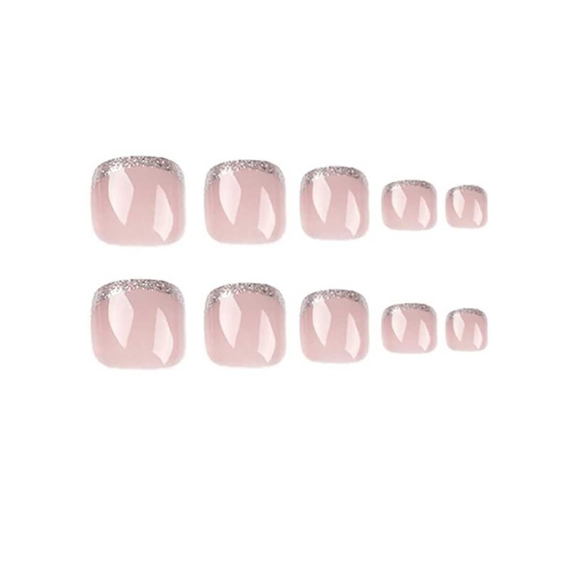 Square Press on Toenails Pink Fake Toenails with Glitter Design