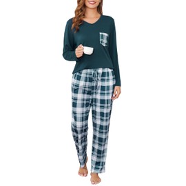Sopesil Pyjamas for Women Sets Plaid Ladies PJs Long Sleeve Soft 2 Pieces Sleepwear Cosy Loungewear Nightwear with Pockets, Dark green, XL