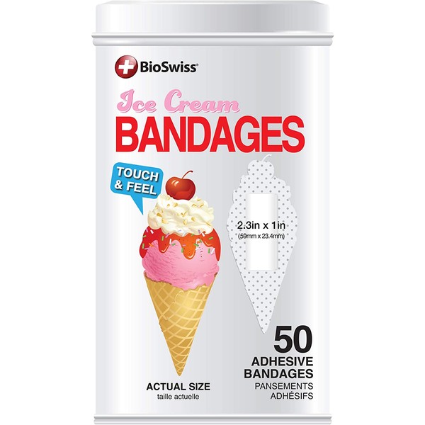 BioSwiss Novelty Bandages Collectable Tin, Self-Adhesive Funny First Aid Bandages, Novelty Gag Gift 50 Pieces (Ice Cream)
