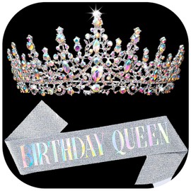 COCIDE Birthday Queen Sash for Women, Tiara and Rhinestone Headband Set, Glitter Crown Hair Accessories for Girls Party Supplies and Decorations