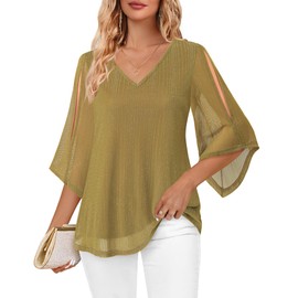 Vafoly Blouse Women's Elegant Short Sleeve Summer Tunic V-Neck Mesh Top Flowers Double Layer Tunic, moss green, M