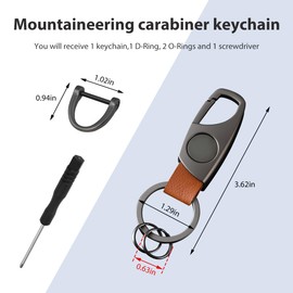 FSTURIOS Carabiner Keychain, Car Key Holder with 2 Key Rings & Anti-Lost D-Ring, Unisex Leather Key Fob Holder Key Chain (Matte Gray & Brown)