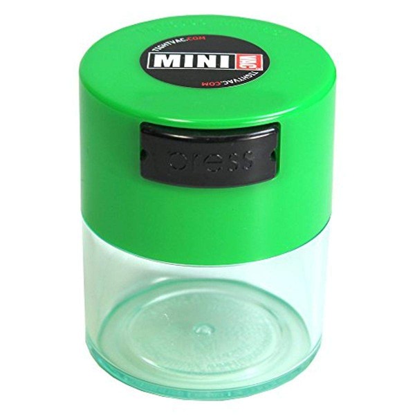 Minivac - 10g to 30 gram Vacuum Sealed Container - Green Cap & Clear Body