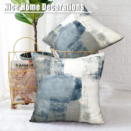 Mondiafy 2 Pack Throw Pillow Covers Soft Touch Plush 18x18 Abstract Artwork Cushion Covers Decorative Modern Gallery Style Pillow Cases for Sofa Couch Home Decor Decorations(Blue Gray White)