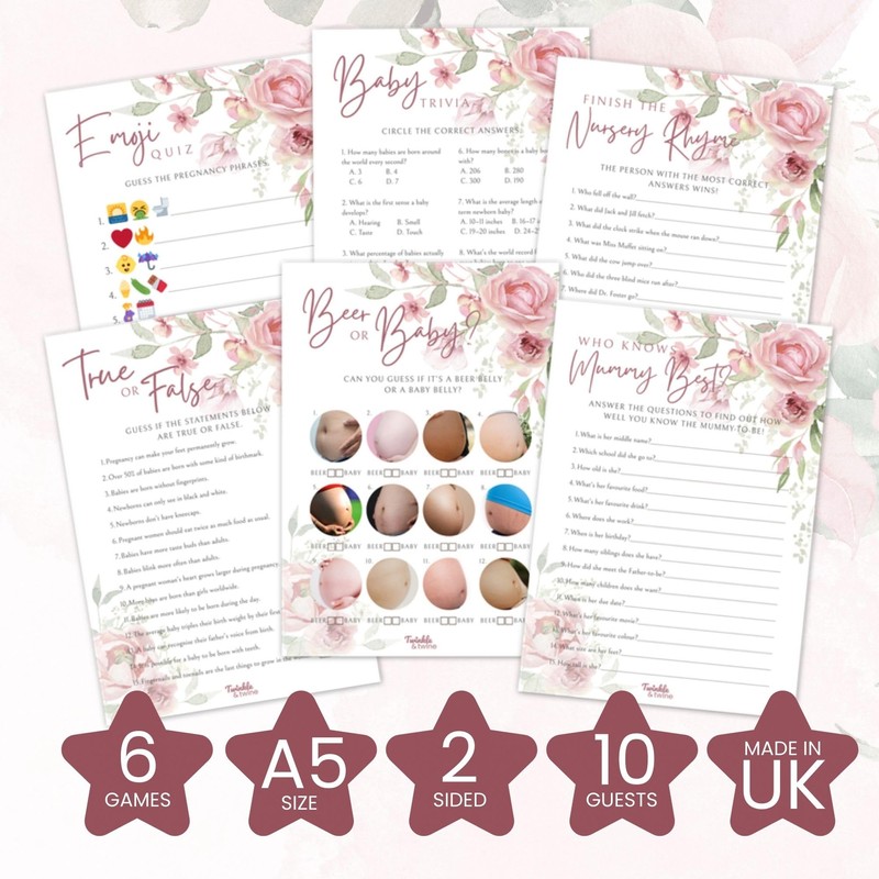 Twinkle & Twine Pink Floral Girl Baby Shower Games Bundle