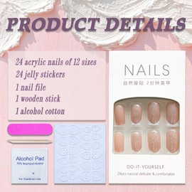 Press on Nails Medium Square SWEKKE French Tip Fake Nails Pink Full Cover Glue on Nails Glitter Glossy False Nails with Nail Glue Stick on Nails Acrylic Nails Artificial Nails for Women Girls 24Pcs