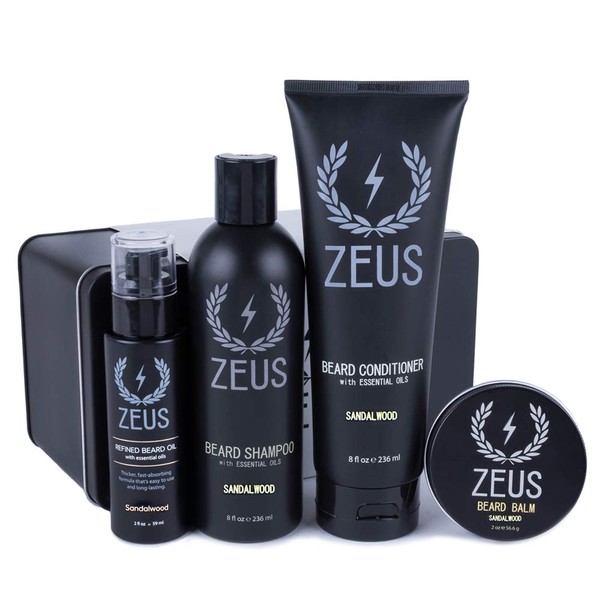 ZEUS Everyday Beard Care Kit - Natural Beard Wash, Refined Beard Oil & Moisturizing Beard Balm – MADE IN USA (Sandalwood)